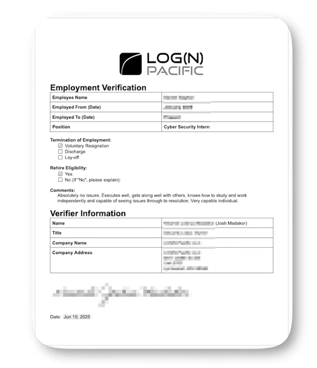 Actual LogN Pacific employment verification letter used to confirm an intern's experience to employers