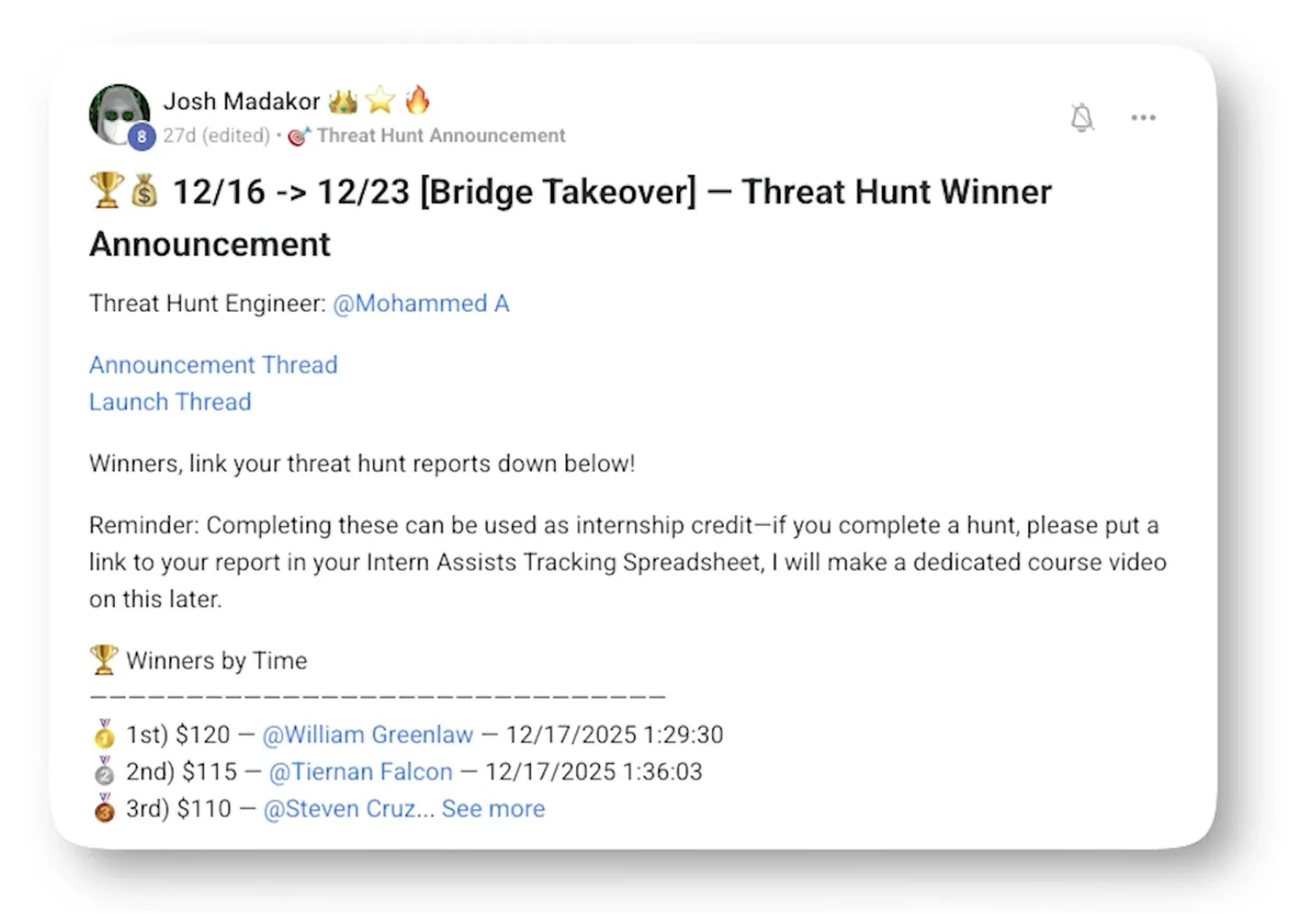 Actual Cyber Range threat hunt winner announcement post showing cash prize payouts, including Steven Cruz placing third