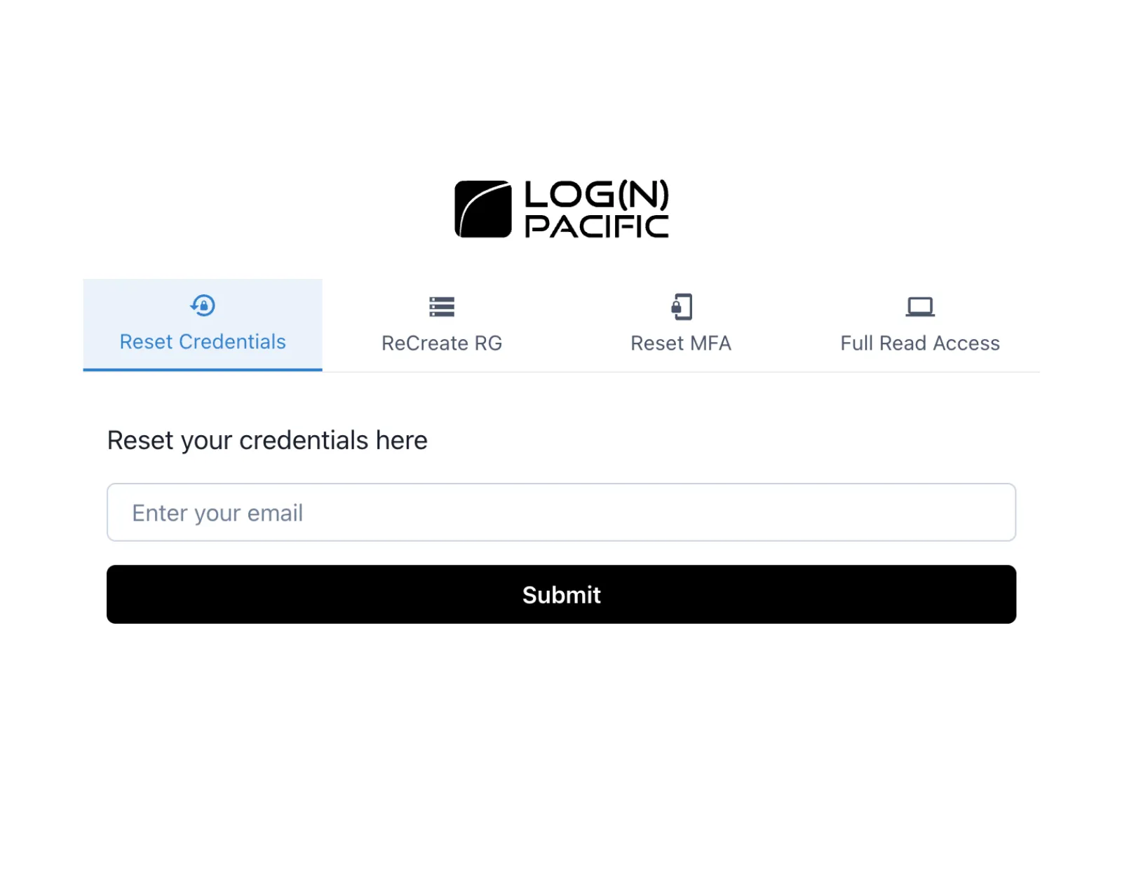 LogN Pacific Reset Credentials form